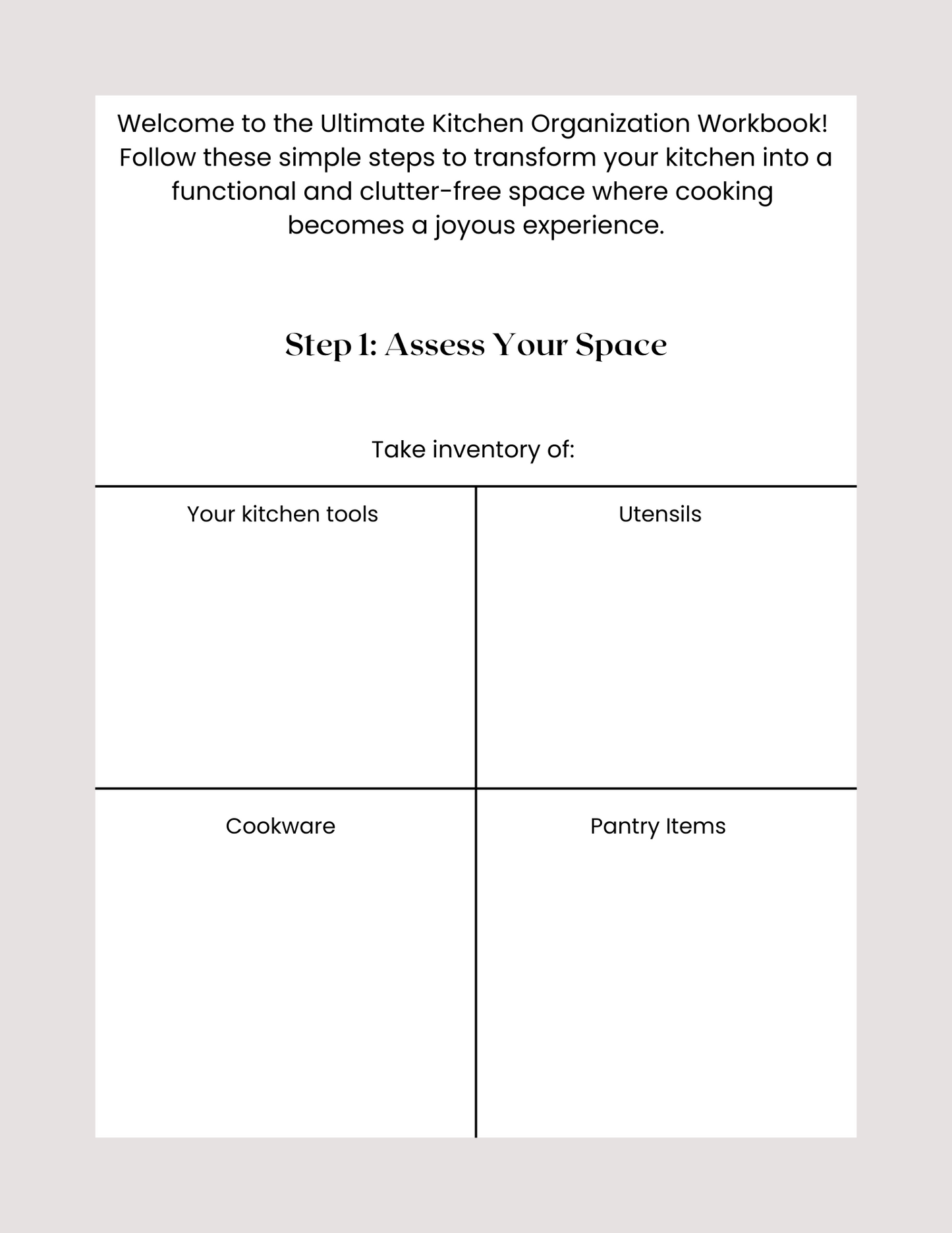 Image of the workbook page 1 to our kitchen organization guide package, featuring a vibrant 19-page eBook and a practical 7-page Workbook designed to help you achieve a beautifully organized kitchen.